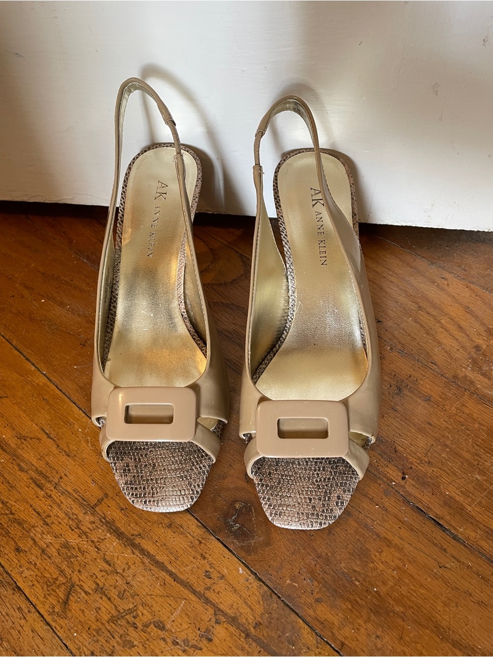 Anne Klein Nude Beige Slingback Peep-Toe Heels with Buckle